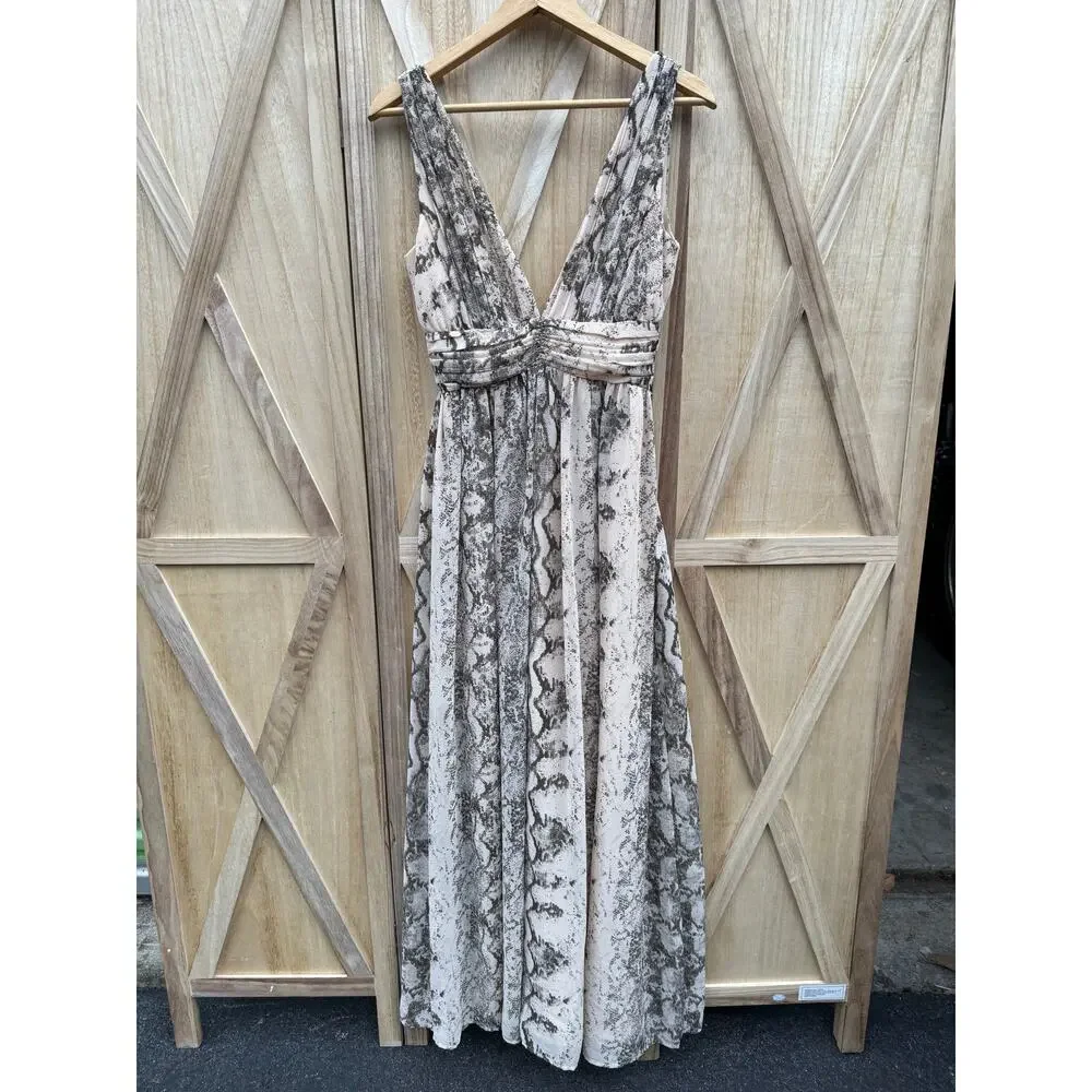 new H&M tan brown black snake print long chiffon deep v sleeveless maxi dress - Picture 3 of 10